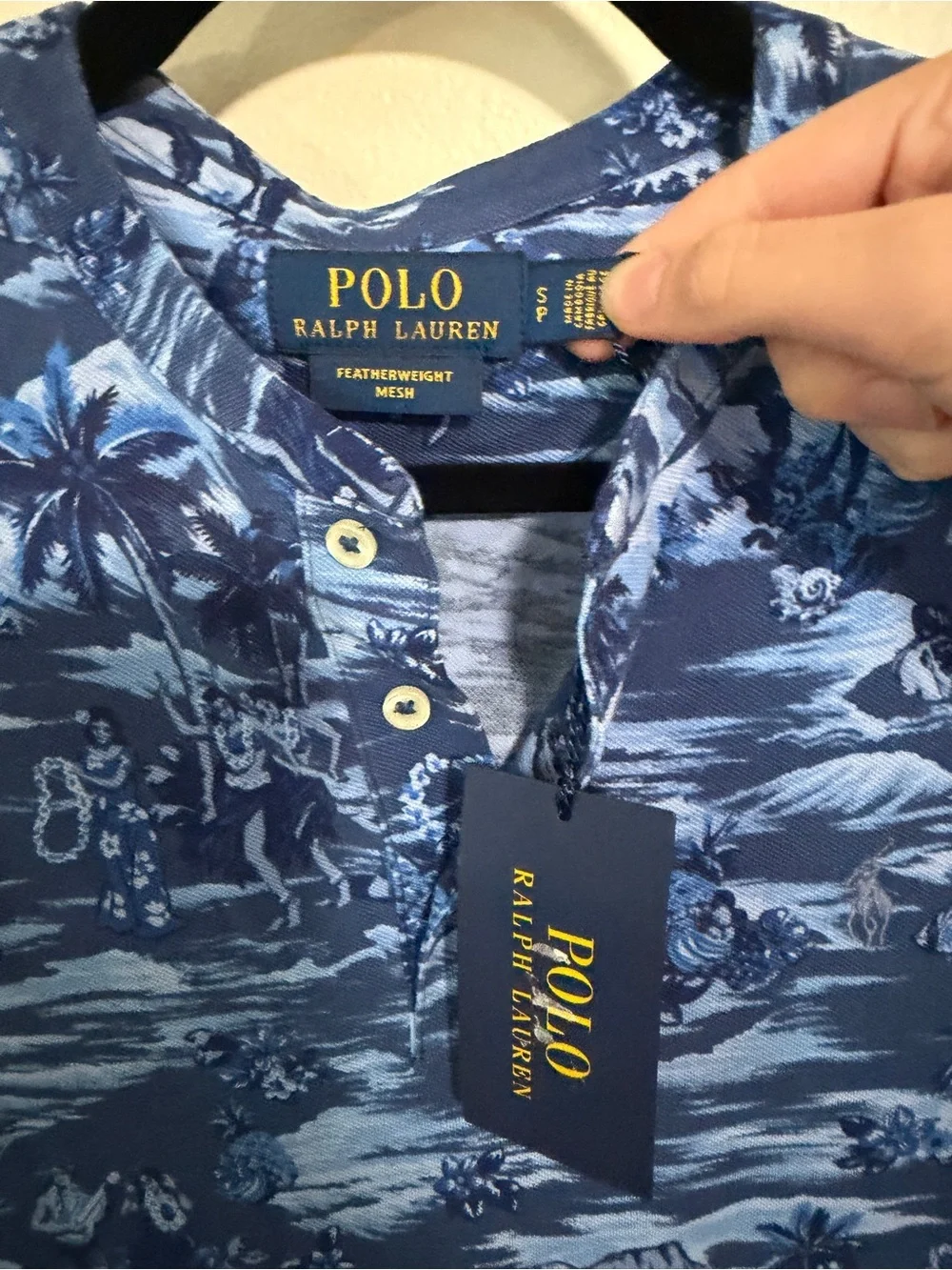 NWT Polo Ralph Lauren featherweight mesh blue hawaiian aloha collarless polo S
